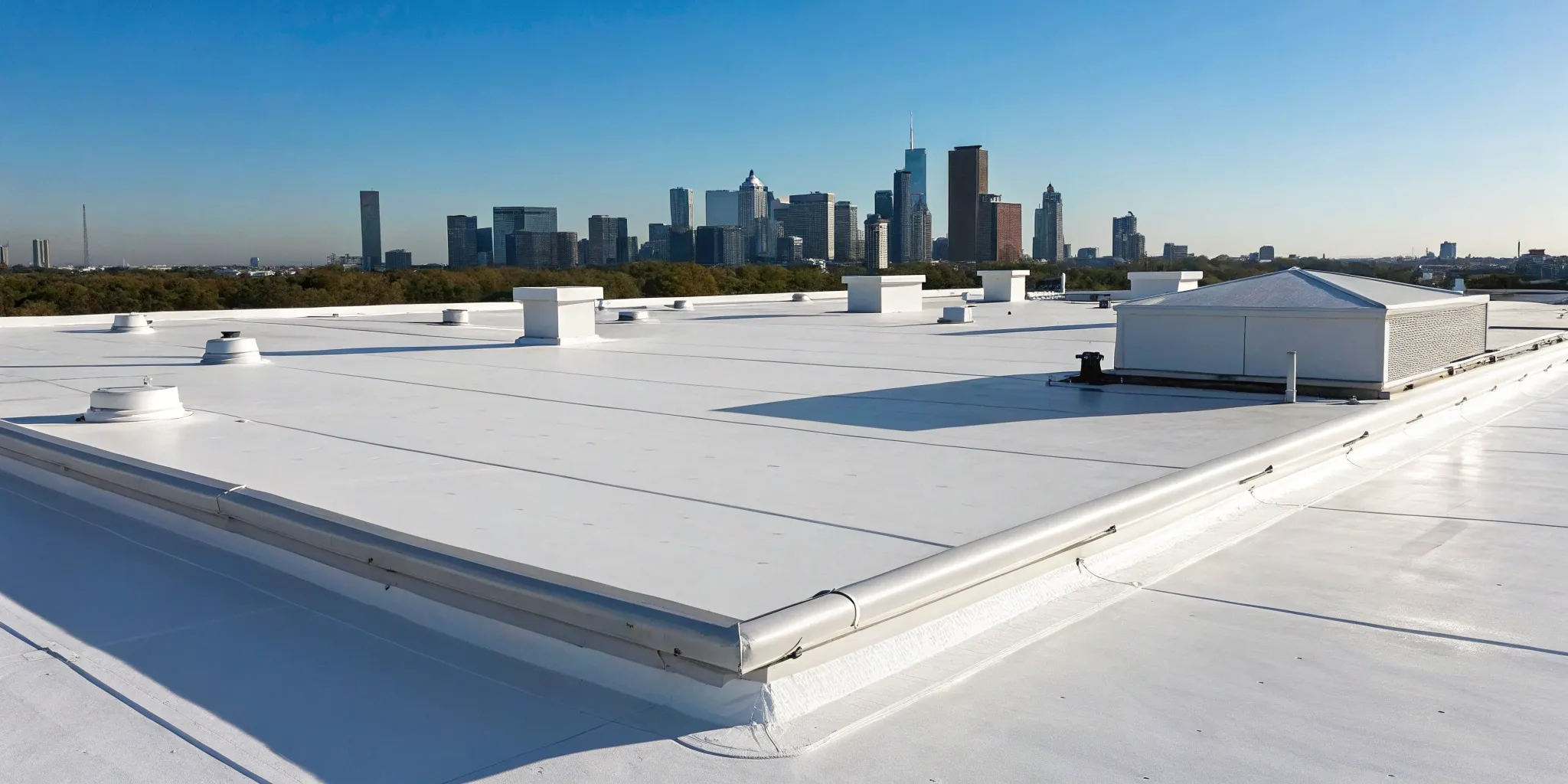 White TPO membrane roof on a commercial building