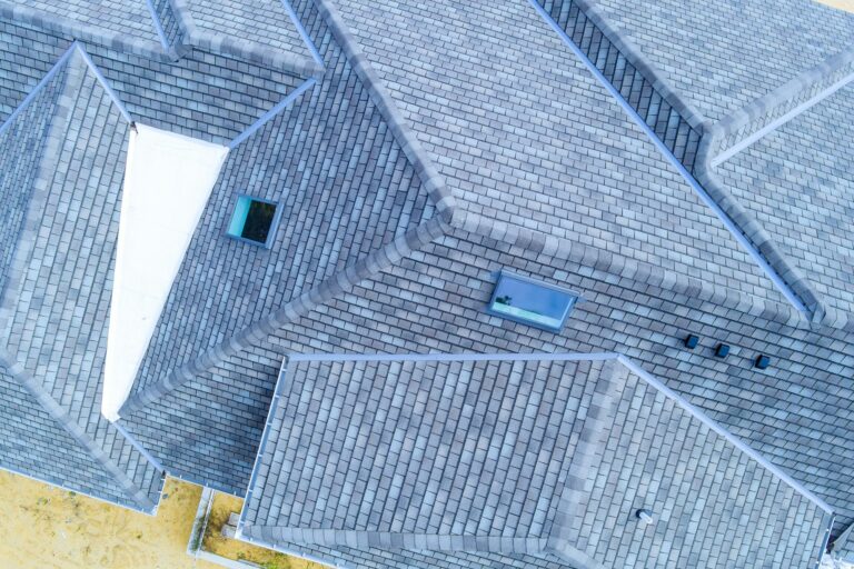 Ariel drone photo of an asphalt shingle roofing system on a home in Corpus Christi, Texas