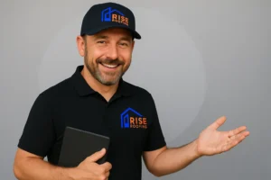 RISE Roofing sales manager holding tablet offering roofing consultation
