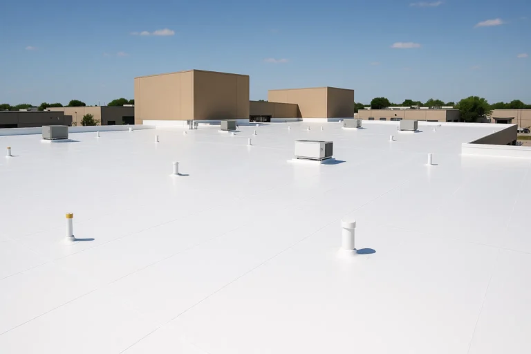 Roofing crew installing TPO roof on Houston commercial building