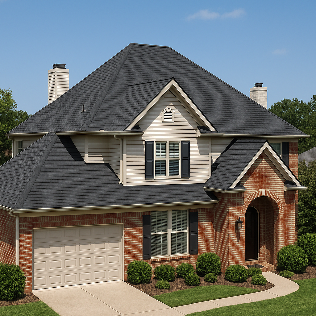 Luxurious Houston home featuring architectural asphalt shingles professionally installed by RISE Roofing.