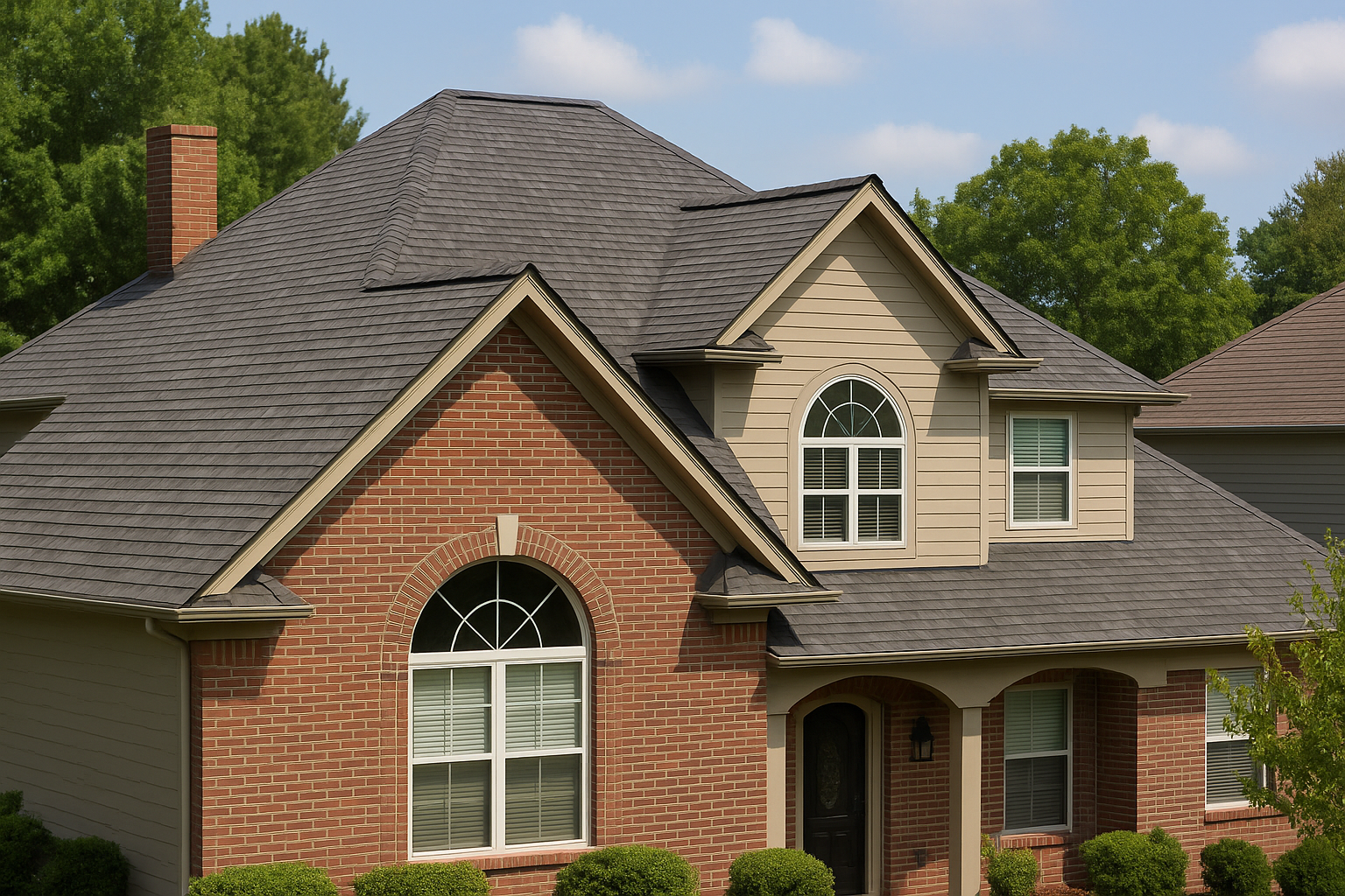Close-up of premium architectural shingles on Houston home.