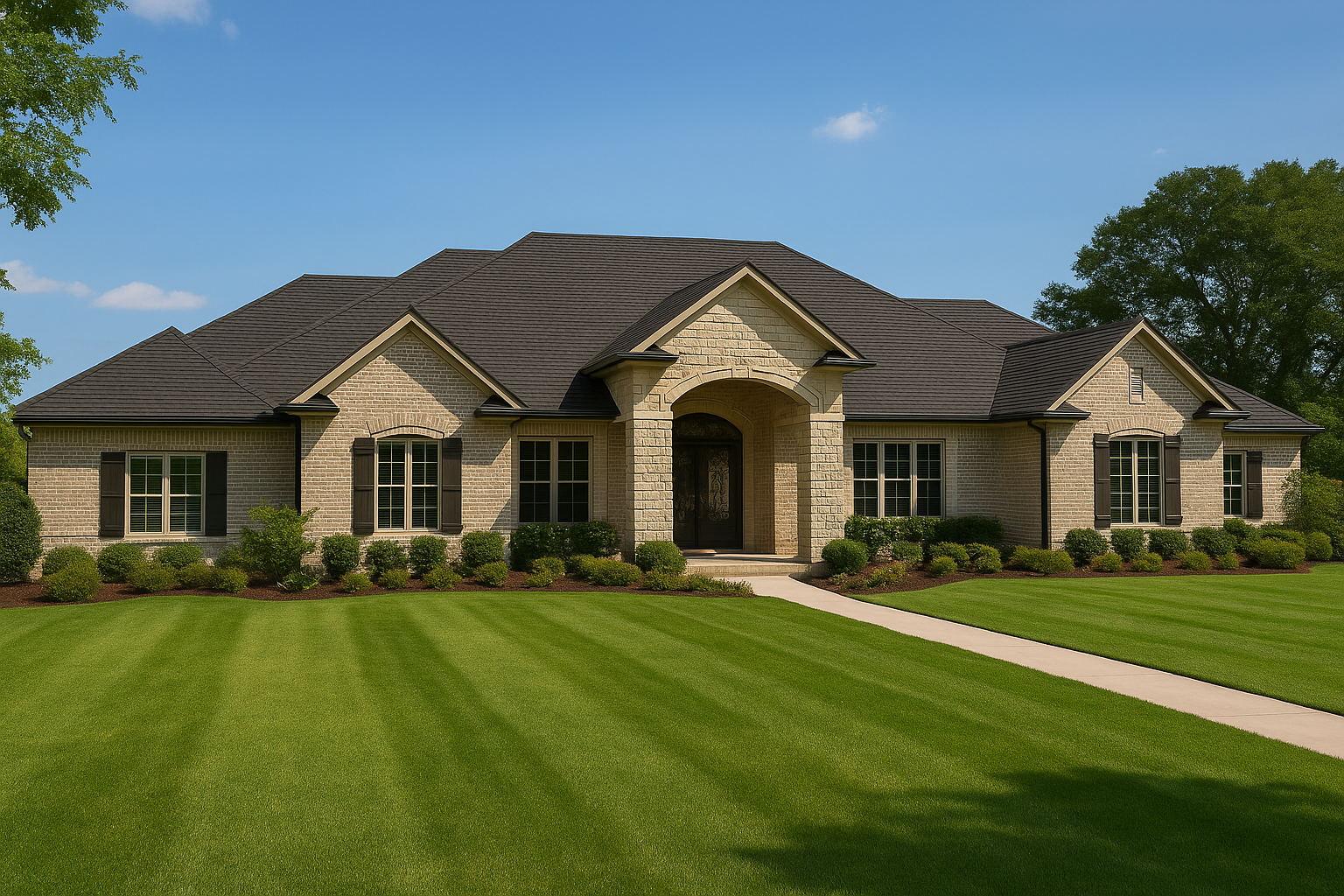 Architectural asphalt shingles on upscale Houston home by RISE Roofing.