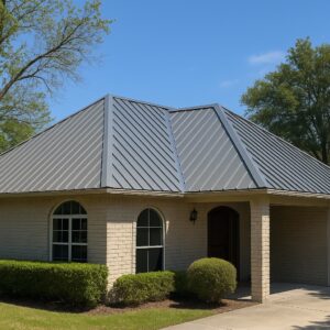Premium metal roof replacement on Houston home, enhancing protection and durability.