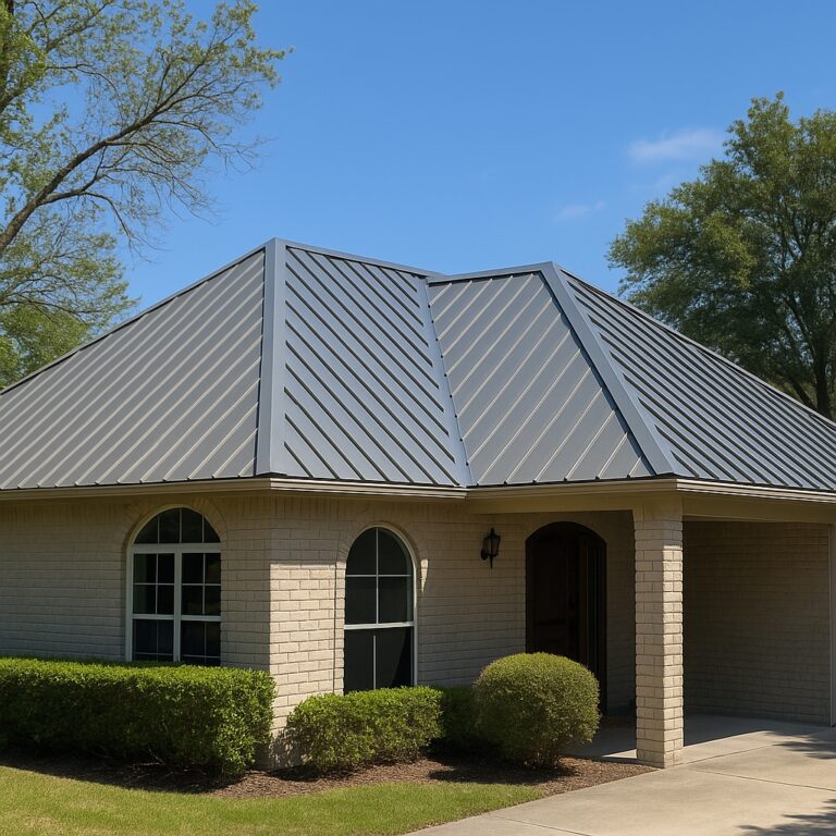 Premium metal roof replacement on Houston home, enhancing protection and durability.
