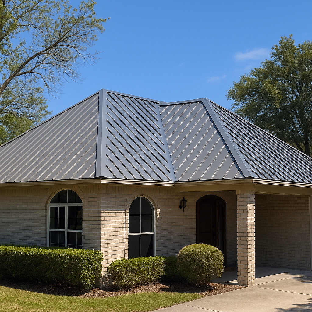 Premium metal roof replacement on Houston home, enhancing protection and durability.
