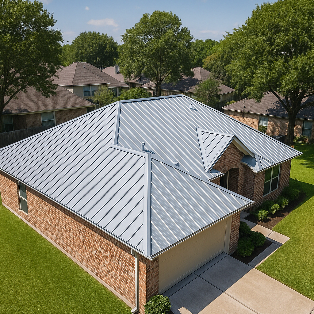 Single-story Houston home with expert metal roof installation.