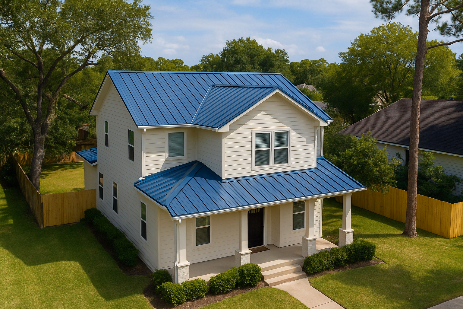 Metal roof installed on upscale two-story Houston home.