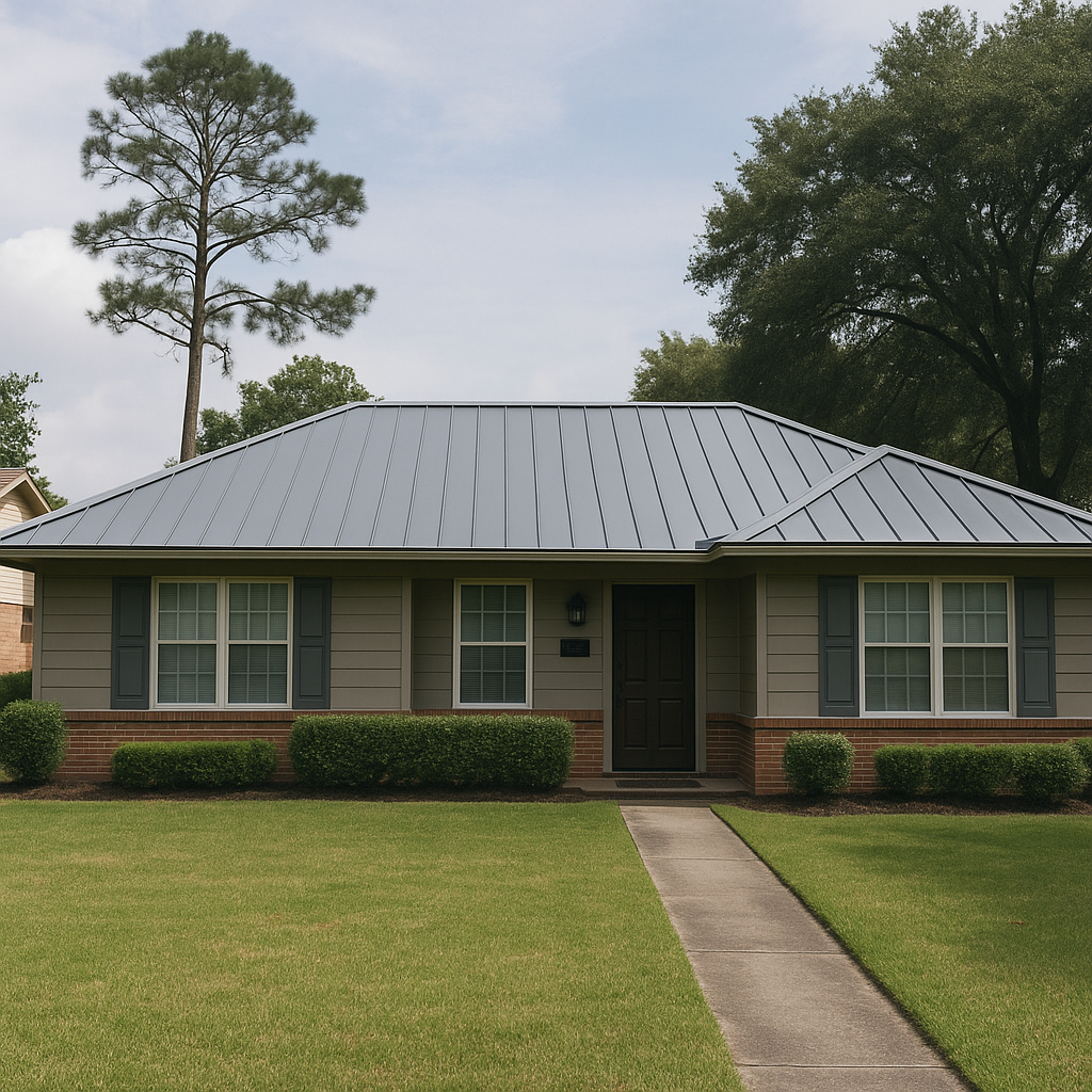Metal roofing system on luxurious single-story Houston home.