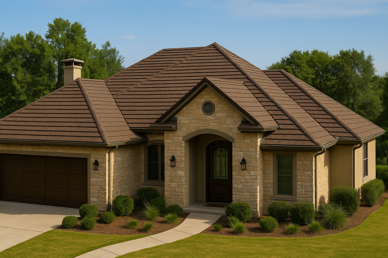 Elegant two-story home featuring a charcoal-gray stone-coated steel roof with intricate tile patterns.