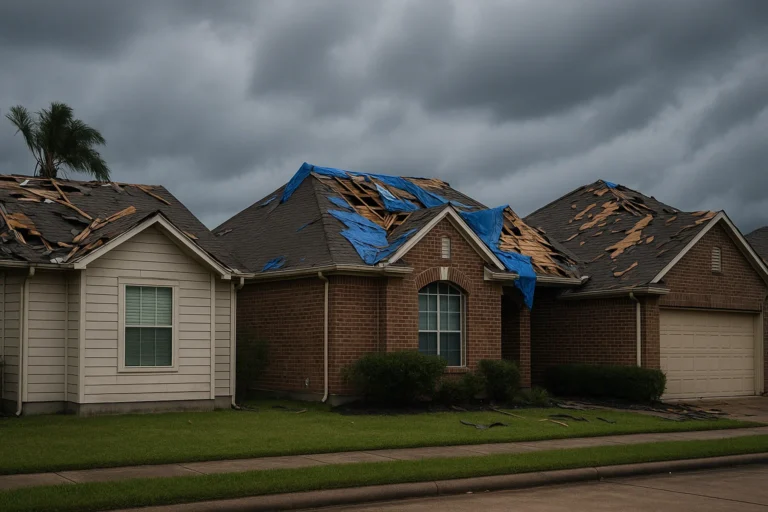 Single-story brick home with storm-damaged asphalt shingles.