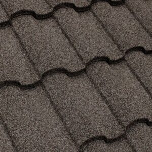 Close-up of Cedar stone-coated steel roof tile in a rich brown finish