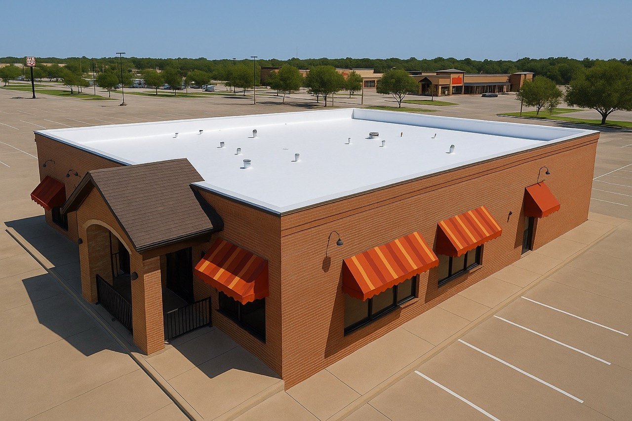 Commercial restaurant in Houston, TX with a new white PVC flat roof installed by RISE Roofing for energy efficiency and durability