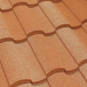 Provence stone-coated steel roof tile with subtle gradient red-brown tones