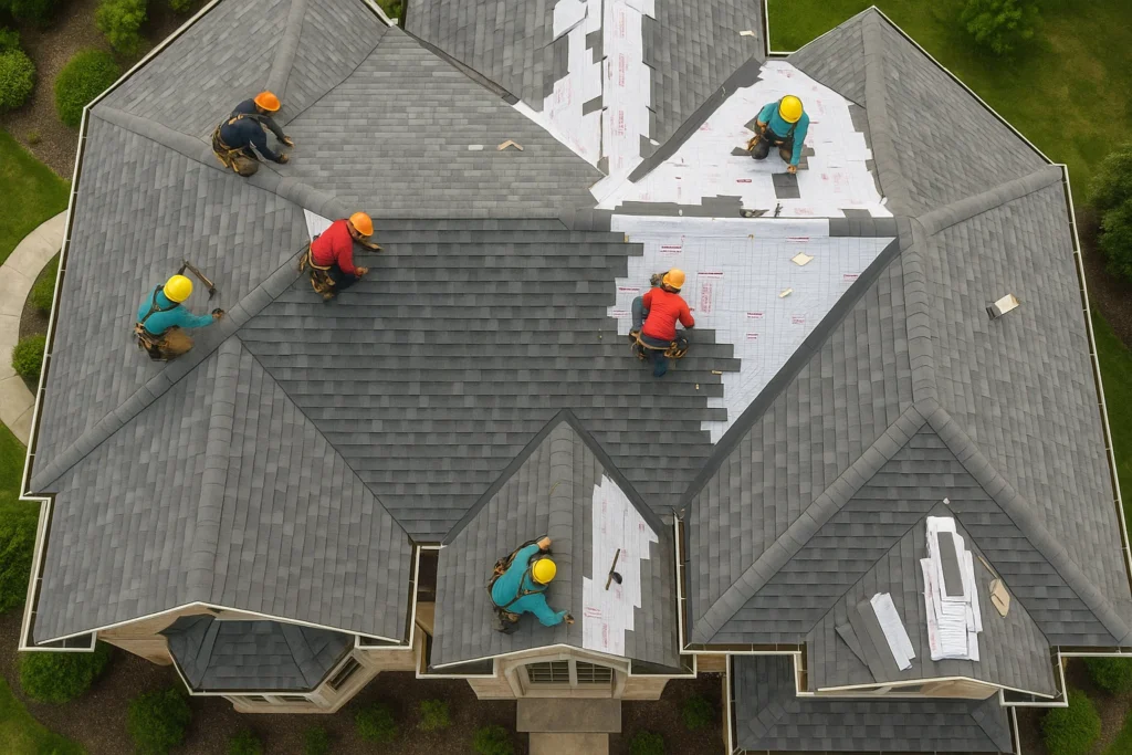 Drone photo of RISE Roofing crew installing a gray asphalt shingls on a large Sugar Land-area luxury home near Houston, Texas