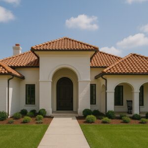 White stucco home in Katy, TX with a new terracotta clay tile roof installed by RISE Roofing