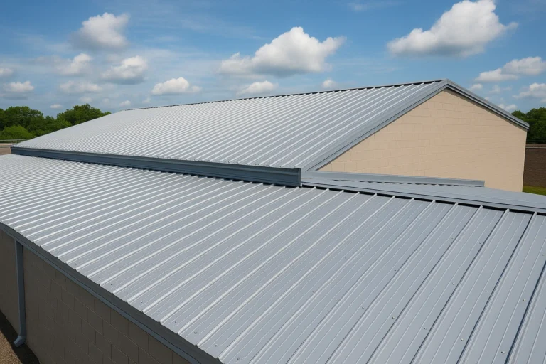RISE Roofing metal roof installation on large commercial warehouse in Houston