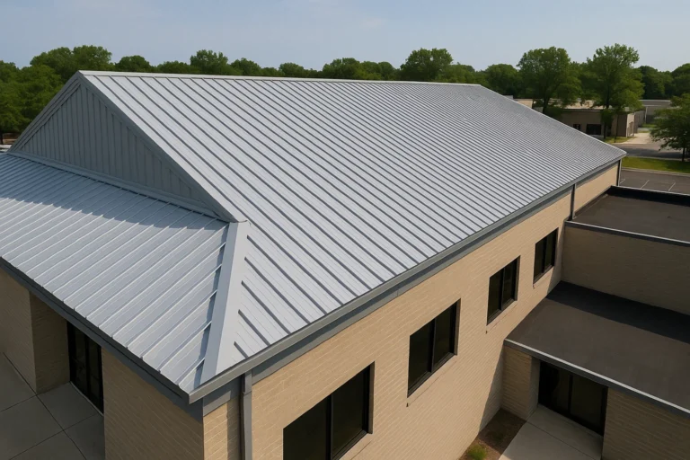 New commercial metal roof installed by RISE Roofing in Houston.