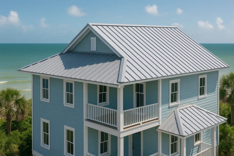 Two-story pastel beach house featuring white standing seam metal roof.