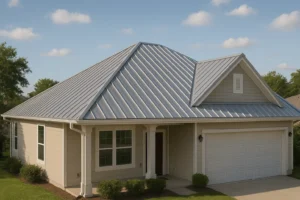 Single-story home in Clute, TX with a galvalume standing seam metal roof replaced by RISE Roofing for long-term coastal protection