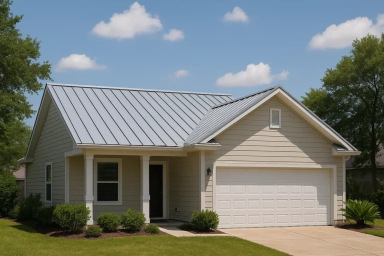 One-story home in Lake Jackson, TX with a galvalume standing seam metal roof installed by RISE Roofing for durability and solar reflection