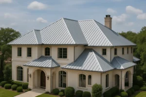 Luxury home in Richmond, TX with a silver standing seam metal roof installed by RISE Roofing for elegance and solar reflectivity