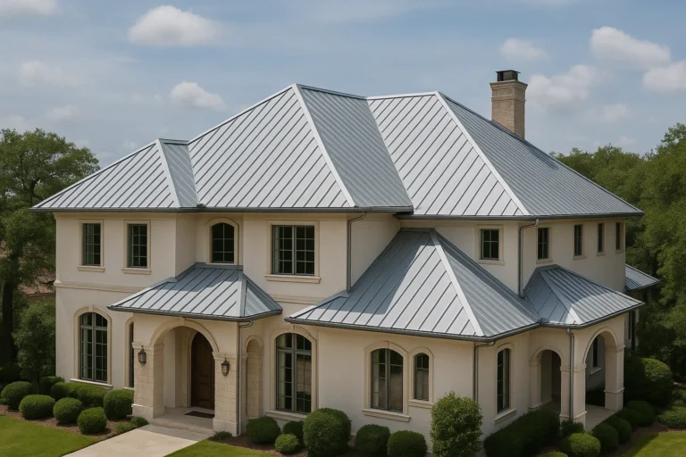 Luxury home in Richmond, TX with a silver standing seam metal roof installed by RISE Roofing for elegance and solar reflectivity