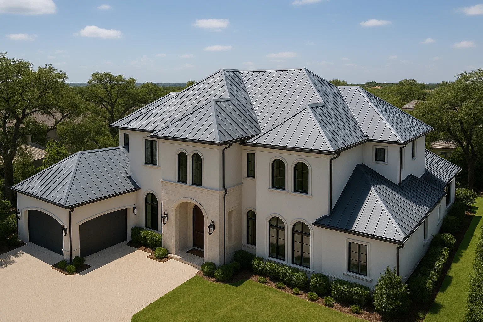 Luxury estate in Fulshear, TX with a galvalume standing seam metal roof installed by RISE Roofing for energy efficiency and refined design