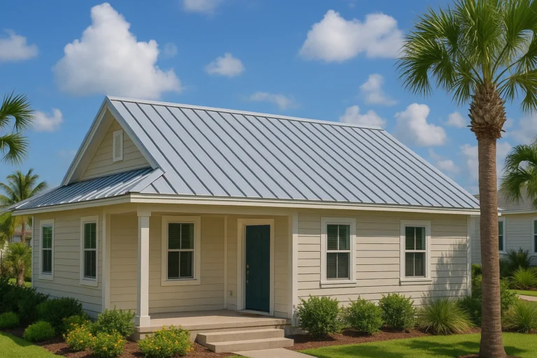 Beach house in San Luis Pass, TX with a galvalume standing seam metal roof installed by RISE Roofing for energy efficiency and storm durability