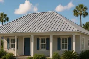 Cottage-style home in Bayou Vista, TX with a galvalume standing seam metal roof installed by RISE Roofing for coastal durability