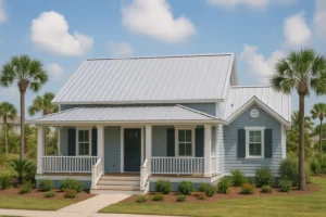 Coastal cottage in Tiki Island, TX with a silver standing seam metal roof installed by RISE Roofing for energy efficiency and storm resistance