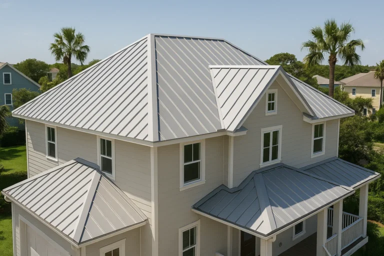 Coastal home in Jamaica Beach, TX with a light silver standing seam metal roof installed by RISE Roofing for windstorm protection