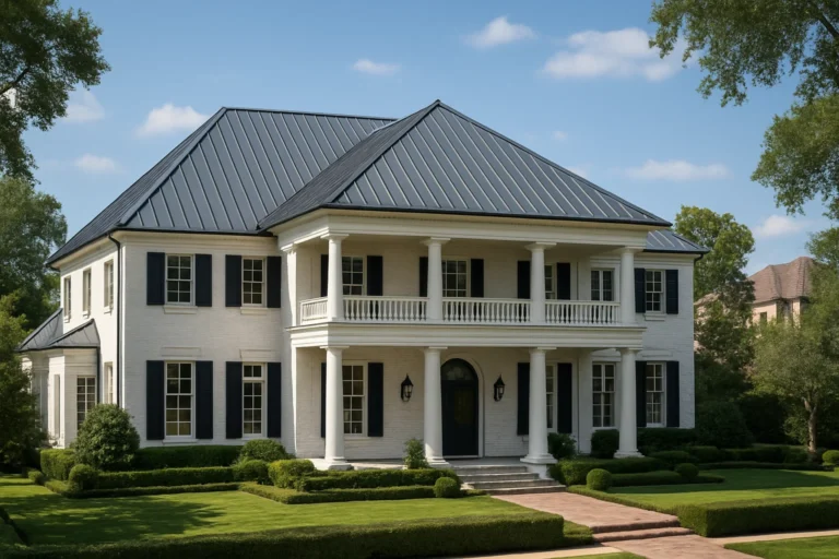 Classic brick estate in River Oaks, Houston with a black standing seam metal roof replaced by RISE Roofing