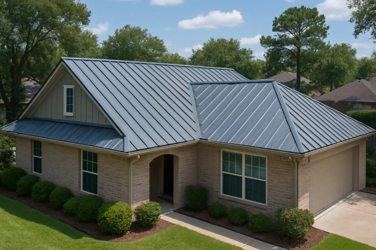 Brick home in Cypress, TX with a blue standing seam metal roof installed by RISE Roofing for long-term protection and curb appeal