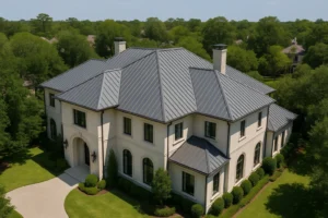Luxury estate in Spring, TX with a matte black standing seam metal roof replaced by RISE Roofing for high-end durability and style