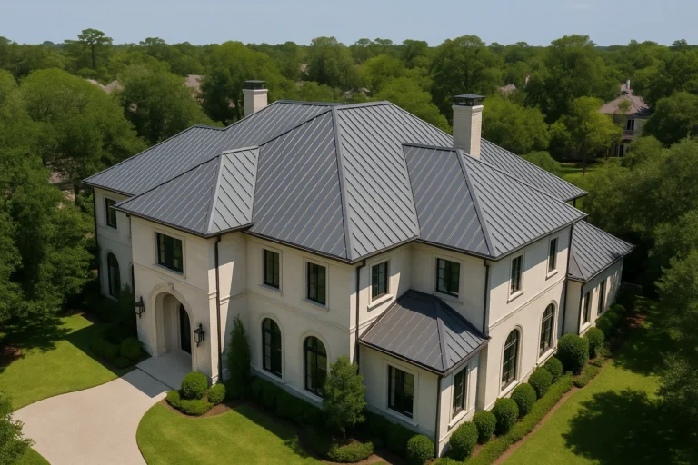 Luxury estate in Spring, TX with a matte black standing seam metal roof replaced by RISE Roofing for high-end durability and style