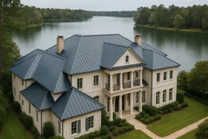 Lakeside estate in Montgomery, TX with a dark standing seam metal roof installed by RISE Roofing near Lake Conroe
