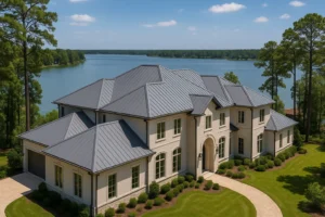 Lakeside estate in Conroe, TX with a charcoal standing seam metal roof installed by RISE Roofing near The Woodlands and Lake Conroe