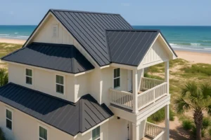 Beach house on Bolivar Peninsula, TX with a black standing seam metal roof installed by RISE Roofing for storm-rated coastal performance