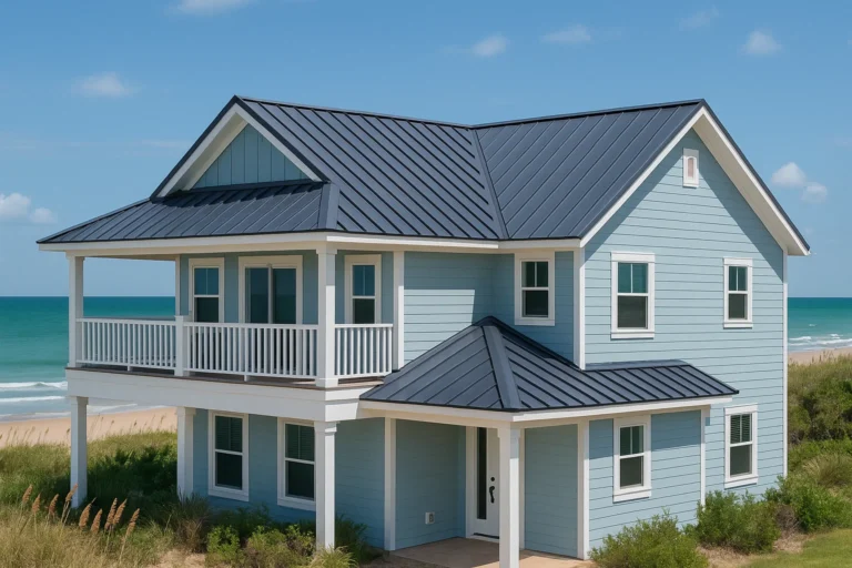 Coastal home in High Island, TX with a black standing seam metal roof installed by RISE Roofing for storm protection