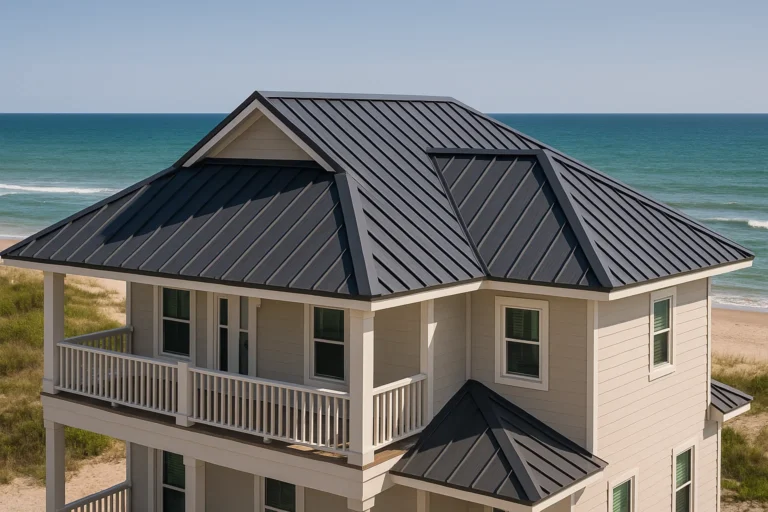 Coastal home in Crystal Beach, TX with a charcoal standing seam metal roof installed by RISE Roofing for storm-rated protection