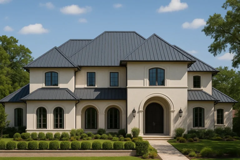 Estate home in Afton Oaks, Houston with a new matte black standing seam metal roof installed by RISE Roofing