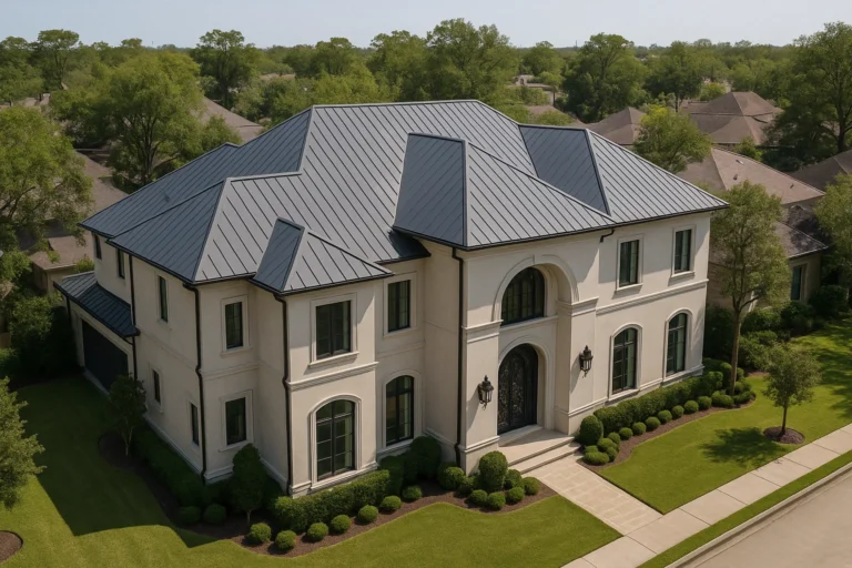 Custom stucco home in Southside Place, TX with a charcoal gray standing seam metal roof installed by RISE Roofing