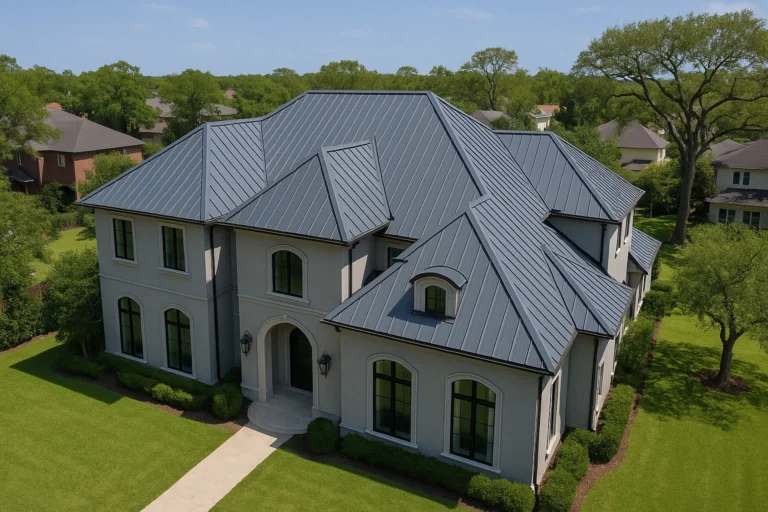 Luxury home in Bellaire, TX with a charcoal gray standing seam metal roof installed by RISE Roofing