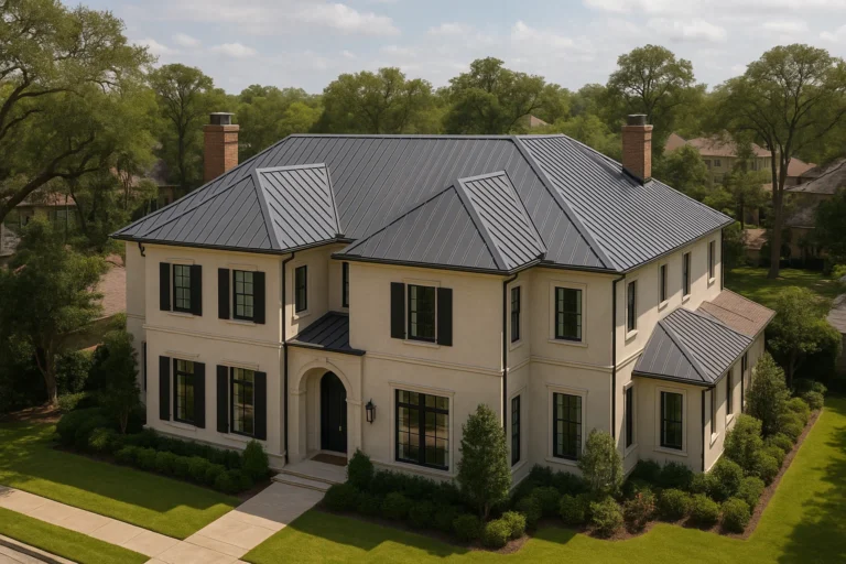 Two-story home in West University Place, Houston with a new charcoal standing seam metal roof installed by RISE Roofing