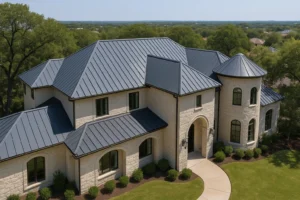 Coastal home in Surfside Beach, TX with a blue standing seam metal roof installed by RISE Roofing