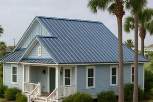 Coastal home in Surfside Beach, TX with a blue standing seam metal roof installed by RISE Roofing