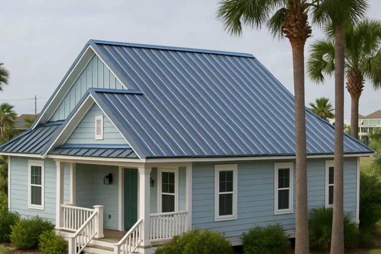 Coastal home in Surfside Beach, TX with a blue standing seam metal roof installed by RISE Roofing