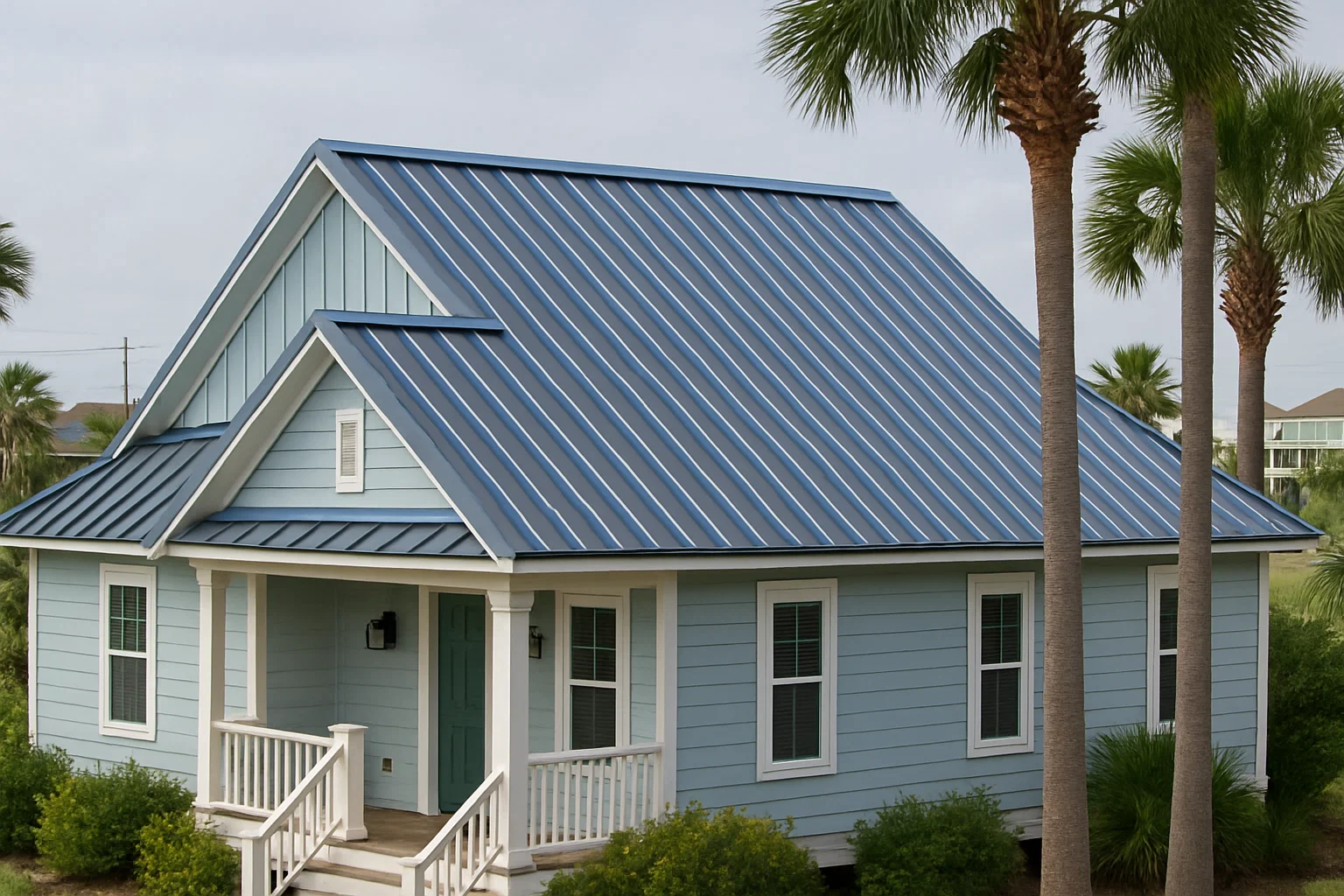 Coastal home in Surfside Beach, TX with a blue standing seam metal roof installed by RISE Roofing