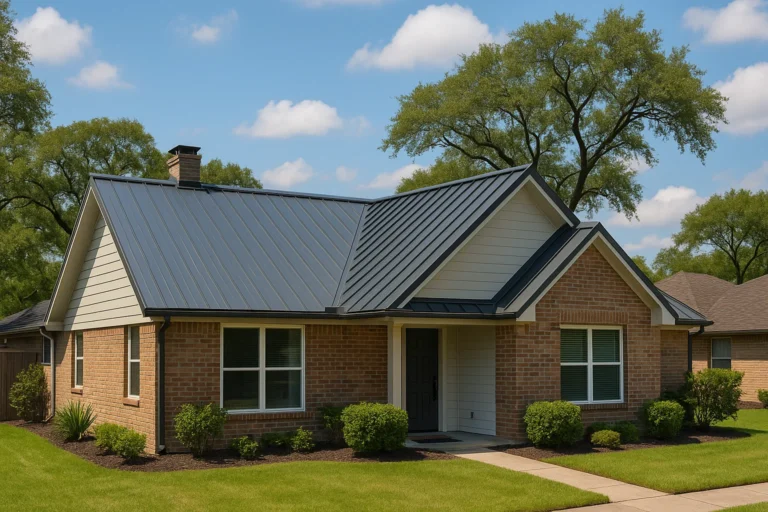Brick home in Garden Oaks, Houston with a new standing seam metal roof in a dark finish installed by RISE Roofing